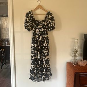 Tiki Minimalist Black and Cream tie back linen sundress botanical with POCKETS.